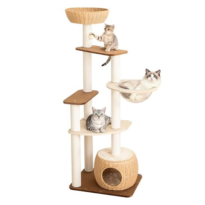 Modern Cat Tree for Large Cat, 57-Inch Tall Cat Tower with Scratching Post for Indoor Cats, Multi-Level Cat Condo with Hand-Woven Cat Bed and Acrylic Bowl (White 81007DD) - color: Brown 81007D