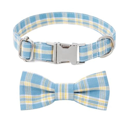 Plaid Dog Collar with Bowtie, Detachable and Adjustable Bow Tie Cat and Dog Collar with Metal Quick Release Buckle Pet Gift for Small Medium Large Dogs (Blue, Medium) - color: Blue, size: Medium