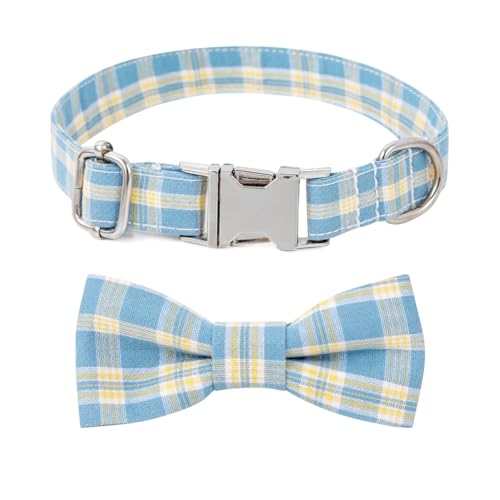 Plaid Dog Collar with Bowtie, Detachable and Adjustable Bow Tie Cat and Dog Collar with Metal Quick Release Buckle Pet Gift for Small Medium Large Dogs (Blue, Medium) - color: Blue, size: Medium