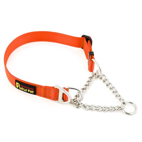 Plutus Pet Martingale Dog Collar with Stainless Steel Chain and Reflective Nylon, Adjustable No Pull Training Collar, for Small Medium, and Large Dogs, Orange, S - color: Orange, size: Small