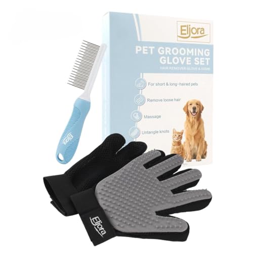 Pet Grooming Glove (Pair) & Dematting Comb Set – Anti-Slip Handle Deshedding Comb+ Gentle Massage Gloves for Dogs & Cats – Removes Loose Hair, Mats & Tangles – Safe, Effective Grooming