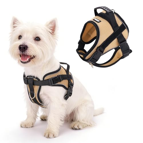 AIITLE No Pull Reflective Dog Harness with Handle - Soft Comfortable All Weather Mesh Breathable Adjustable Puppy Harness for Small Medium Dogs, Easy Control for Walking Running Camping (Khaki，XS - color: Khaki, size: XS