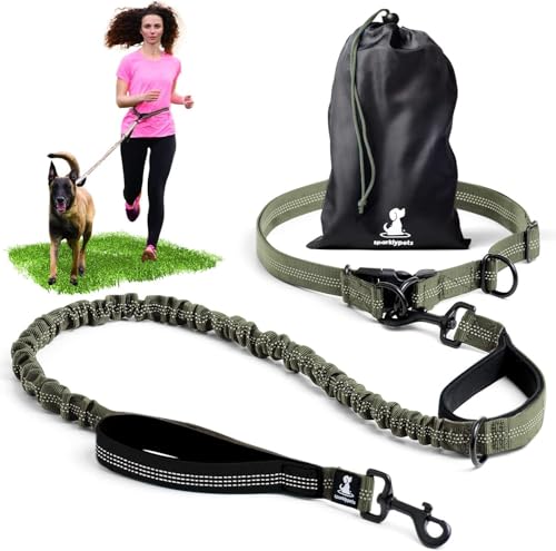 SparklyPets - Hands Free Dog Leash with Reflective Stitches - Waist Leash for Medium & Large Dogs Walking, Hiking, Training, Jogging, Canicross, Running - color: Olive Green, size: 1 dog M/L