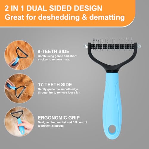 Cat & Dog Grooming Gloves for Shedding Brushes 1 Pair and Pet Grooming Rake 1PC, Double Sided Dematting, Deshedding Brush & Massage, Safe for Dogs & Cats - color: Grey Blue Pet Grooming Gloves and Rake