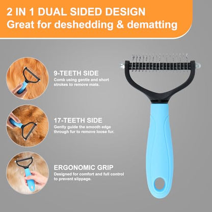 Cat & Dog Grooming Gloves for Shedding Brushes 1 Pair and Pet Grooming Rake 1PC, Double Sided Dematting, Deshedding Brush & Massage, Safe for Dogs & Cats - color: Grey Blue Pet Grooming Gloves and Rake