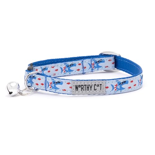 THE WORTHY DOG Sharkuterie Cat Collar with Bell, Adjustable Nylon Safety Collar, Blue, One Size - color: Blue-Sharkuterie