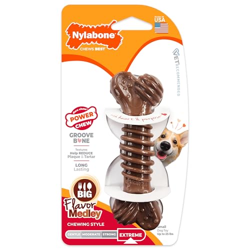 Nylabone Power Chew Groove Bone - Dog Toys for Aggressive Chewers - Durable Dog Toy for Small Breeds - Small Dog Chew Toys - Flavor Medley, Small, Up to 25 Ibs. (1 Count) - color: Brown, size: Small
