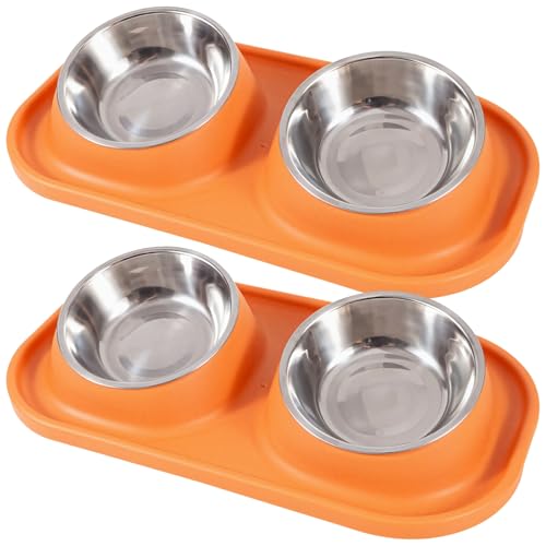 Cat and Dog Double Feeding Bowl Set with Non-Slip Silicone Base Mat, 15.9×8.7×3.1, Orange