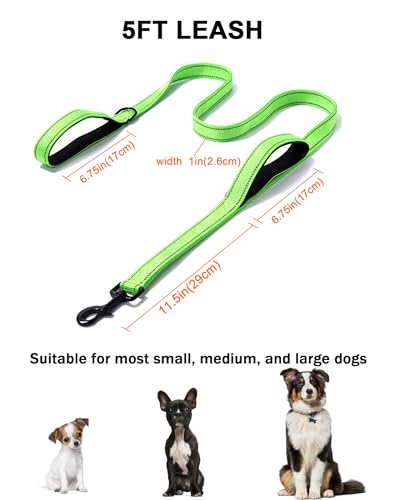 Aeclleca Soft Handle Reflective Black Dog Leash with 2 Padded Handles, 5FT Heavy Duty Pet Lead for Medium & Large Dogs, Comfortable Anti-Slip Grip & Night Safety Design (Green) - color: Green