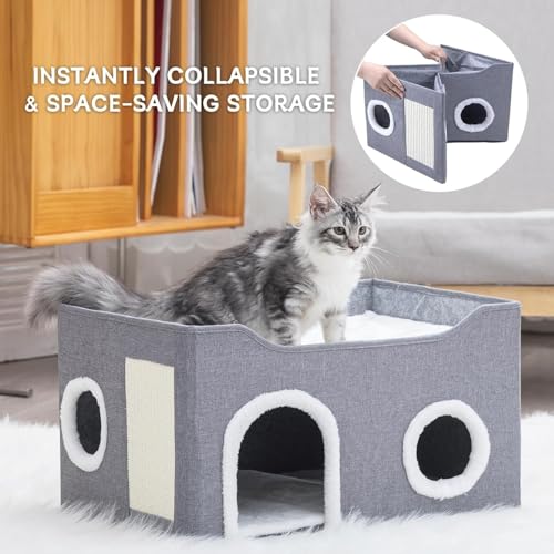 Cat House for Indoor Cats – Foldable Cat Cave & Covered Cat Bed, Cozy Hideaway for Small Pets and Large Cats (23.6"x16"x12.8"),Grey - style: Grey