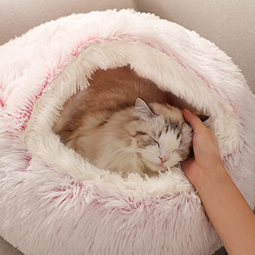 SUOXU Anti-Anxiety Cat Bed, Plush Hooded Cave, 20 in Diameter, Suitable for Small to Medium Pets, Pink - color: Pink