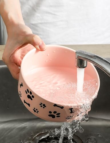 UBEE Ceramic Dog Bowl Set of 2, 6.5 inch Dog Food Bowl Dish with Bone Paw Pattern, Pet Food Water Dish Feeding for Small and Meidum Dogs and Large Cat, Pink - color: Pink-dog paw, size: 6.5 inch x 2