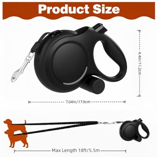 Dual Retractable Dog Leash 2 Large Dogs (Up to 66 Lbs Each), 2 Headed Pet Leash with Poop Bags, 16ft/5m Extension, Non-Slip Grip, One-Button Break & Lock, 360-degree Tangle-Free (Black, Medium) - color: Black, size: Medium