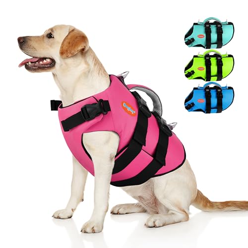 Dog Life Jacket Neoprene, High Buoyancy Dog Harness Life Vest for Swimming and Boating, Adjustable Swim Vest with Rescue Handle for Small Medium Large Dogs - color: Pink, size: X-Large