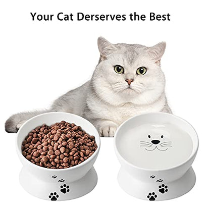 Cat Food Bowls, 10 OZ Elevated Cat Bowls for Cats and Small Dogs, Tilted Pet Feeder Bowl with Raised Stand Protect Cat's Spine, Ceramic Cat Water Bowl No-Spill, Stress Free Cat Dish 2pcs - color: White*2