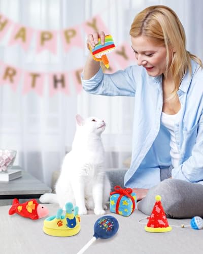 CiyvoLyeen 6Pcs Birthday Themed Catnip Toys Cat Birthday Gift Kitten Interactive Toys for Cat Lover Cake Crown Fish Soft Plush Catmint Pet Supplies Kitty Chew Kick Toys - color: Multi-Color - 6Pcs