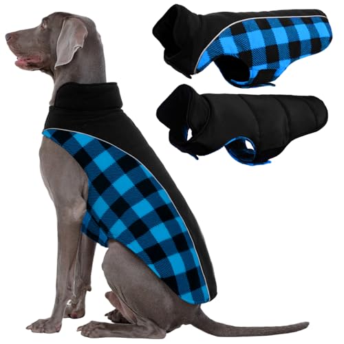 Kuoser Dog Winter Coat, Reversible Waterproof Dog Jacket with Leash Hole, Warm Dogs Fleece Vest Adjustable Doggy Cold Weather Clothes Plaid Christmas Outfit Pet Apparel for Extra Large Dogs, Blue 3XL - color: Blue, size: XXX-Large (Chest Girth: 35.4-43.3'