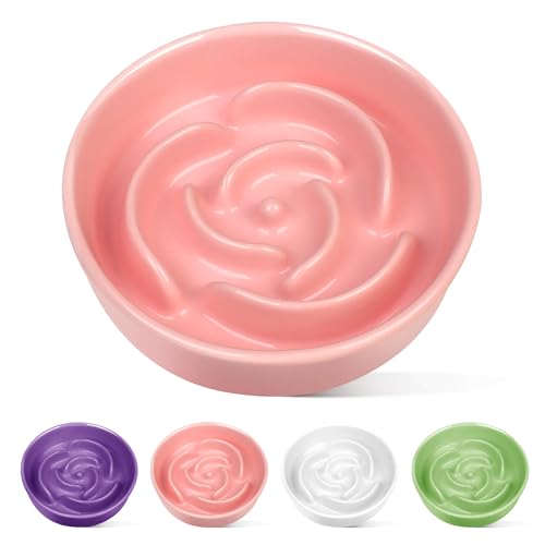 Ceramic Slow Feeder Dog Bowls, 1.5 Cup Puzzle Slow Feeder Bowls for Fast Eaters, Ceramic Dog Food Dish no Black Chin, Puzzle Bowl for Medium Dogs, Pink - color: 02-Pink, size: M-1.5 Cups