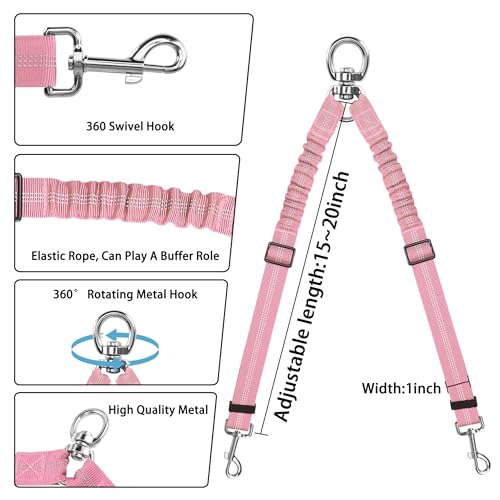 YAODHAOD Double Dog Leash,Two Dog Leash Splitter, No Tangle 360° Swivel Rotation Reflective Lead, Adjustable Length Bungee Heavy Duty Walking Training Dual Extension (Pink) - color: Pink