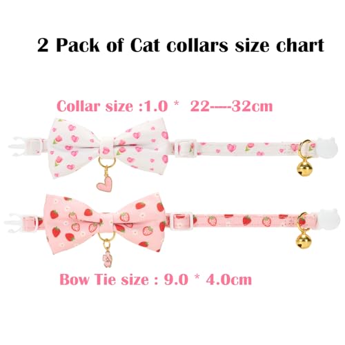 2 Pack Cat Collars, Removable Bowtie, Pink Heart Pattern, Safety Breakaway Clasp, Adjustable for Cats.(Adult Cat, Pink Strawberry and White Heart) - color: Pink+White