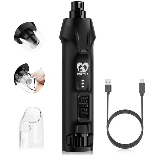 Casfuy 6-Speed Dog Nail Grinder – 50%+ Boost Power Dog Nail Trimmers Quiet with Dust Cap & 2 LED Lights & 2000mAh Battery & 4.8V Motor Electric Pet Toenail File Tool for Large Medium Small Dogs Cats - color: Black