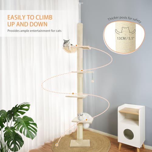 5-Tier Floor-to-Ceiling Adjustable Cat Tower, 98-110 Inch Tall Cat Tree with Cozy Rest Bed, Multi Platforms & Natural Sisal Scratching Posts, Indoor Cat Activity Play Structure, Beige - color: Beige