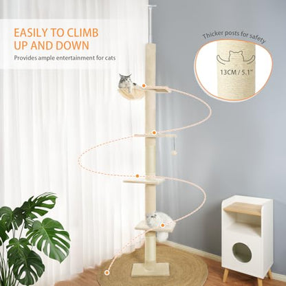 5-Tier Floor-to-Ceiling Adjustable Cat Tower, 98-110 Inch Tall Cat Tree with Cozy Rest Bed, Multi Platforms & Natural Sisal Scratching Posts, Indoor Cat Activity Play Structure, Beige - color: Beige