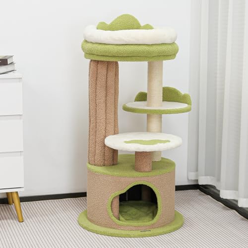 KAMABOKO 42.5" Cute Cat Tree, Green Cat Tree for Indoor Cats, Aesthetic Cat Tower with Teddy Fleece, Cats Condo, Unique Cat Furniture for Small Space - Perfect for Your Feline Pal - size: 42.5''H