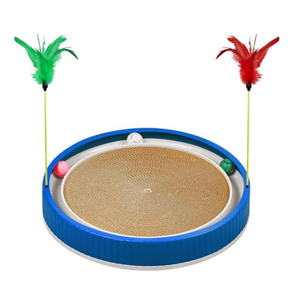 20-Inch Round Cat Scratcher with Ball Track – 3-in-1 Cardboard Scratching Pad with Feather Toy & Non-Slip Base – Interactive Cat Toy for Indoor Cats, Kittens & Large Cats (Blue) - color: Blue
