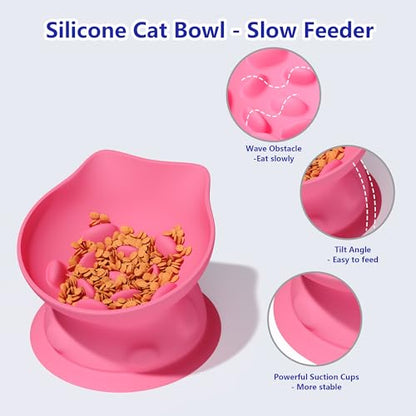 Slow Feed Cat Bowl, Elevated Cat Food Dish with Tilted Design, Dual-Use for Dry and Wet Food, Anti-Vomit, Anti-Choking, Easy to Clean - color: Pink, size: Big