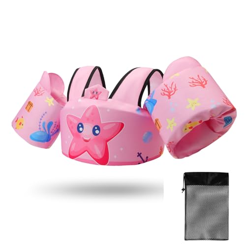 Toddler Swim Vest Floaties for 22-66 lbs / 2-6 Y Kids Swim Jacket with Adjustable Safety Buckle Arm Wings Swim Training for Boys and Girls Beach Boating Pool Floats - color: Pink Starfish