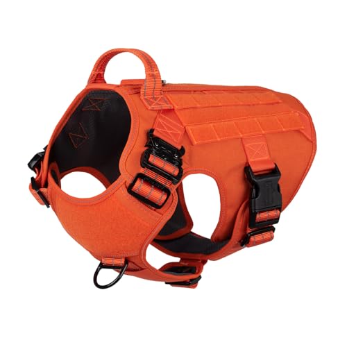 ICEFANG Tactical Dog Harness, Large Size,2X Metal Buckle,Working Dog MOLLE Vest with Handle,No Pulling Front Leash Clip,Hook and Loop Panel (Orange,L (Pack of 1)) - color: Orange, size: Large (Pack of 1)