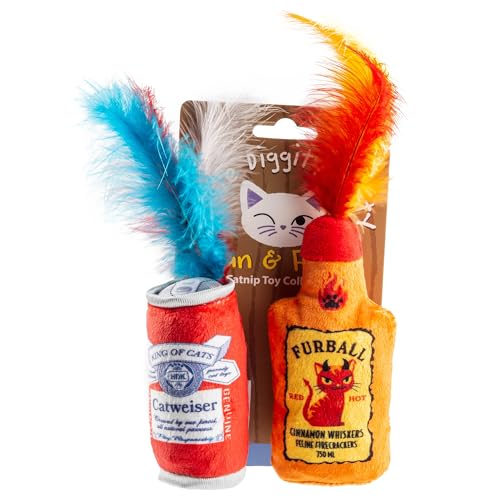 Haute Diggity Kitty Catweiser + Furball Catnip Toys, Soft Plush Cat Toys Catnip Filled with Interactive Crackle Sound & Feathers, Safe & Durable Toy for Cats & Kitten, 2 Pcs - style: Catweiser + Furball