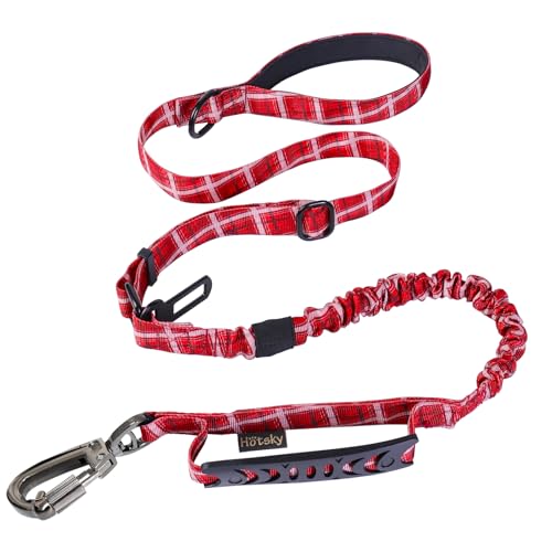 Hotsky Tactical Dog Leash Heavy Duty for Medium Large Dogs that Pull,4-6Ft Strong Bungee Shock Absorbing No Pull Dog Leash with Padded Double Handle and Car Seatbelt,Red Plaid - color: Bungee(4-6FT,M/L),Red plaid, size: Medium / Large