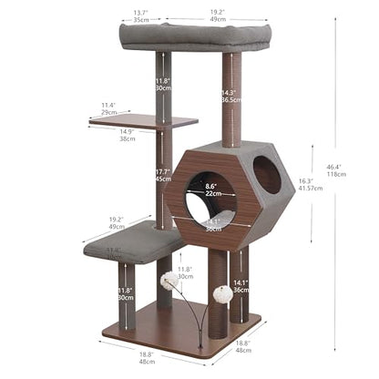 PetPals 5-Level 46.4” Mid-Century Modern Cat Tree with Hexagon Condo, Replaceable Recycled Paper Rope Scratchers, Washable Bed&Toys, Quick Assembly, Ideal for Medium Cats,Dark Brown - color: Dark Brown