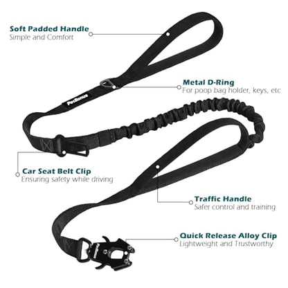 Heavy Duty Tactical Dog Leash, 5 FT Bungee Shock Absorption Leash with 2 Padded Handles, Quick Release Metal Clip, Car Seatbelt, No Pull Training Lead for Large Medium Dogs (Black) - color: Black
