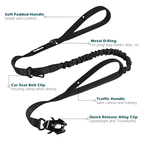 Heavy Duty Tactical Dog Leash, 5 FT Bungee Shock Absorption Leash with 2 Padded Handles, Quick Release Metal Clip, Car Seatbelt, No Pull Training Lead for Large Medium Dogs (Black) - color: Black