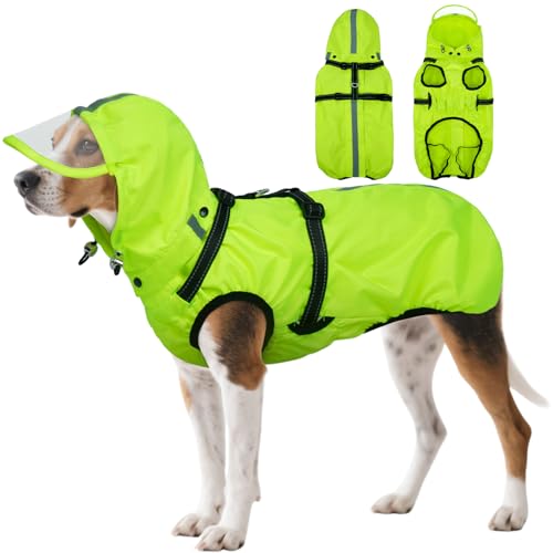 Dog Raincoat XXL, Waterproof Dog Raincoats for Large Dogs with Adjustable Built-in Harness & Back Zipper, Reflective Strip, Removable Hood, for Rainy Walks, Muddy Roads - Fluorescent Green - color: Fluorescent Green, size: XX-Large