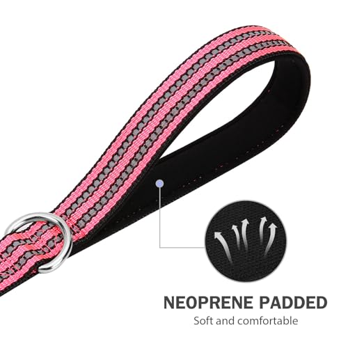 Hikiko 6 Foot Dog Leash with Two Handles Heavy Duty Double Handle Traffic Dog Leash Reflective Training Lead, Hot Pink - color: Hot Pink, size: 1 in x 6 ft