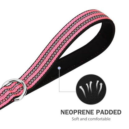 Hikiko 6 Foot Dog Leash with Two Handles Heavy Duty Double Handle Traffic Dog Leash Reflective Training Lead, Hot Pink - color: Hot Pink, size: 1 in x 6 ft