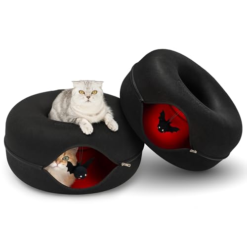 Cattasaurus Unique Peekaboo Cat Cave for Multiple & Large Cats Up to 30-45 Lbs, Scratch Detachable & Washable Tunnel Bed, Gothic Bat Donut Cat Cave (Duo Large Set) - color: Gothic Bat (Duo), size: Large