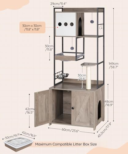 HOOBRO Cat Tree with Litter Box Enclosure, 58.7" H Cat Tower with Hidden Litter Box Furniture, with Scratching Post, Step, Hammock, Multifunctional Pet Furniture with Food Bowls, Greige BG30MZ03G1