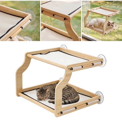 Window Perch for Cats Inside | Double Layer Wooden Perch - Indoor Small Cat Window Seat - for Small Medium Large All Breeds Kitten Climbing Basking Playing