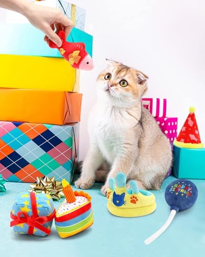 CiyvoLyeen 6Pcs Birthday Themed Catnip Toys Cat Birthday Gift Kitten Interactive Toys for Cat Lover Cake Crown Fish Soft Plush Catmint Pet Supplies Kitty Chew Kick Toys - color: Multi-Color - 6Pcs