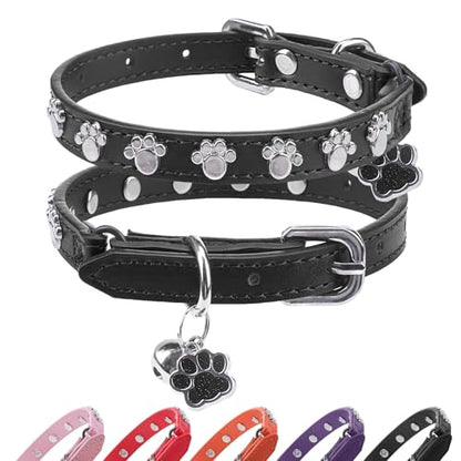 SCENEREAL Leather Cat Collar with Bell and Rivet, Personalized Stud Pet Collars with Safety Elastic Belt and Cute Paw Charm, Adjustable Soft Kitten Puppy Accessories for Boys Girls Cats, Black - color: Black
