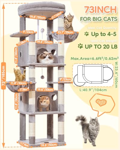Taoqimiao Heavy Duty Cat Tree, 73in Cat Tower for Indoor Cats 25 lbs+, Extra Large Cat Tree, 2 Widen Condos, Enlarged Sleeping Platform, 9 Scratching Posts, 2 Cozy Baskets, Cat Toys, F30W Light Gray - color: Light Gray