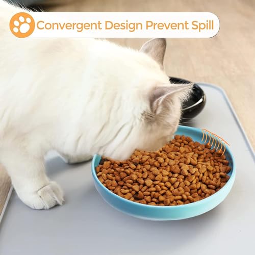 Ceramic Cat Bowls, Shallow Cat Dishes for Food and Water, 6 Inch Matte Finish Wide Cat Food Bowl, Whisker Fatigue Free Pet Puppy Kitten Bowl Set of 3, Dishwasher Safe - color: Blue-3pack