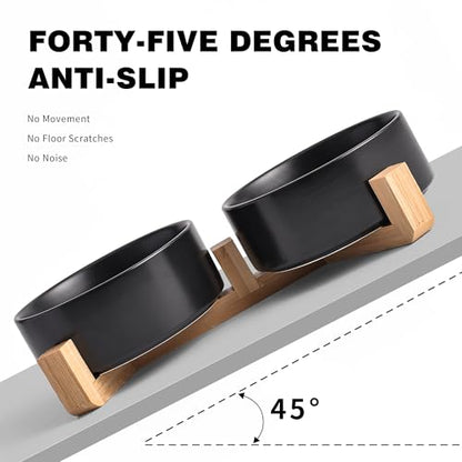 Mowtanco Black Ceramic Dog & Cat Bowl Set – 13.5 OZ with Wooden Stand, Non-Slip, Elevated Design for Small Dogs & Cats – 2 Bowls (Food & Water, Ceramic Pet Bowls, Modern Dog Bowls) - color: Black × 2