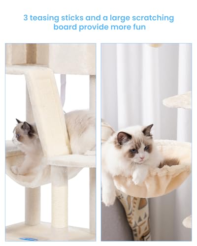 Hey-brother Cat Tree, 53 inch Cat Tower for Indoor Cats, Cat House with Padded Platform Bed, Toy Balls, Large Cozy Condo, Hammocks and Sisal Scratching Posts, Beige MPJ019-SM - color: Beige