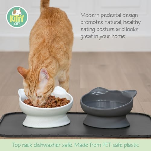 Kitty City Elevated Cat Bowls (Set of 2), Whisker-Friendly Raised Cat Food & Water Dishes, Modern Pedestal Design, Dishwasher Safe, 10.8 oz Each – White & Gray - color: White & Gray, style: Large